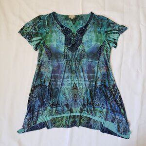 One World Live Let Live 2X Plus blue green tunic blouse boho sparkle stretch